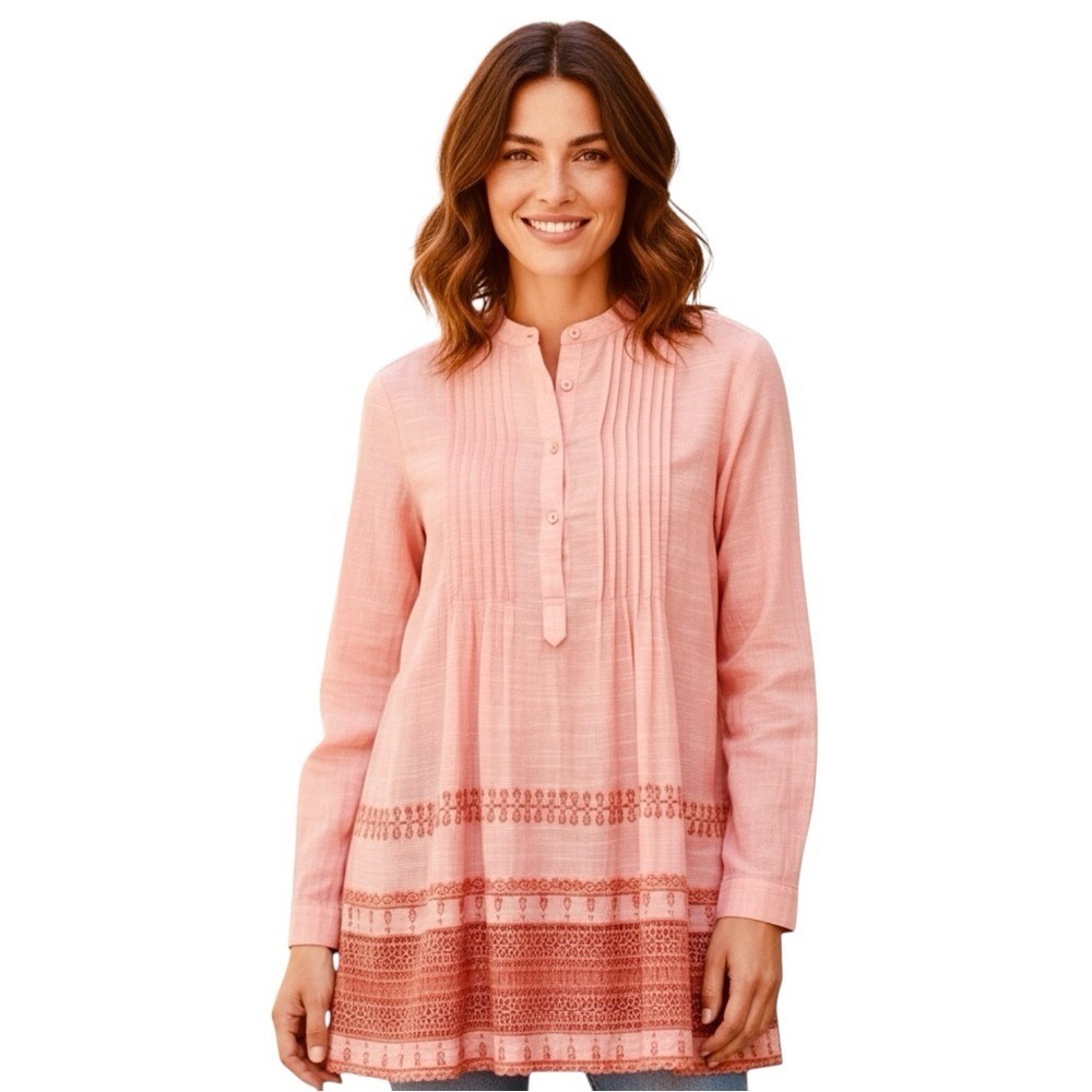 MAX Edition Boho‎ Top, pleated details, and embroidered patterns, Pink, Medium
